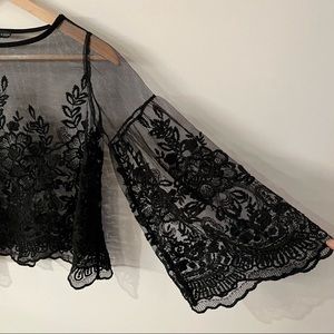 AQUA Black Embroidered Lace Tulle Floral Blouse